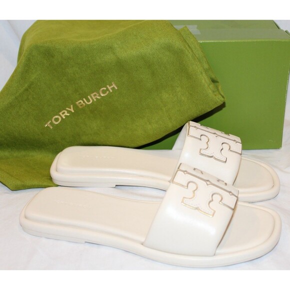 Tory Burch Double T Leather Sport Slides Cream Gold NIB SZ 6